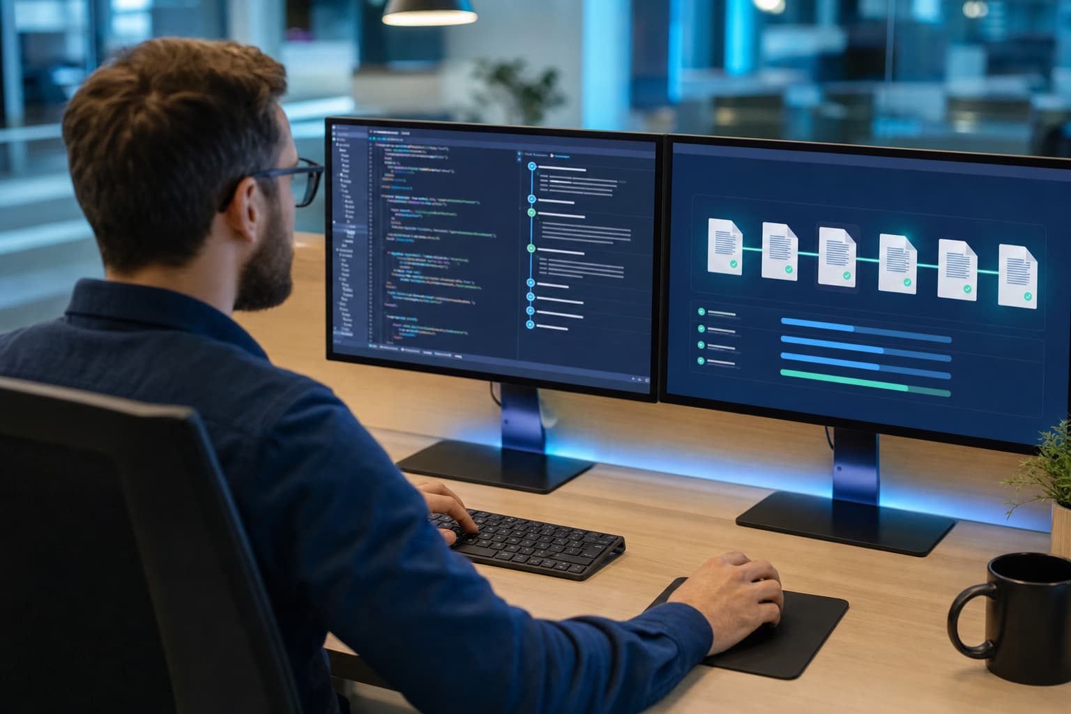 Software engineer reviewing automated SR&ED documentation on a dual-monitor workstation in a modern office with blue ambient lighting
