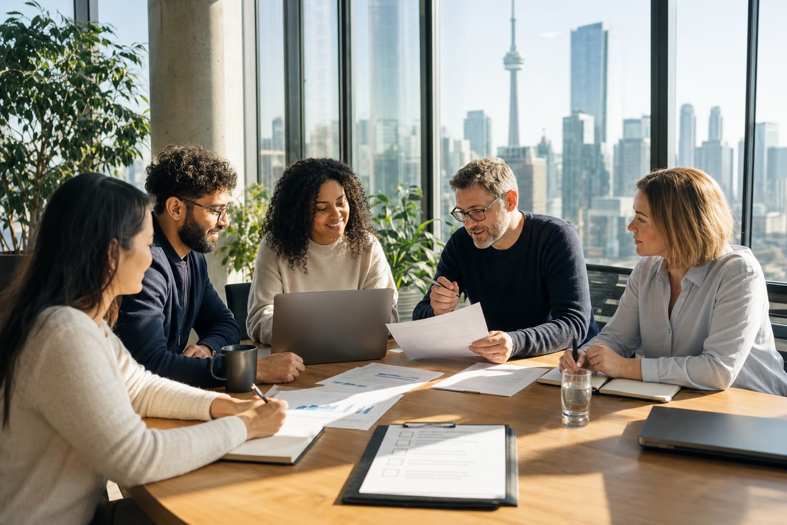 Canadian startup team reviewing SR&ED eligibility documents and a checklist at a modern office conference table