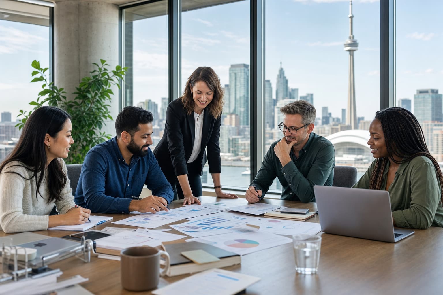 Diverse group of Canadian startup founders reviewing grant documents and funding strategies in a modern office with a city skyline visible through large windows