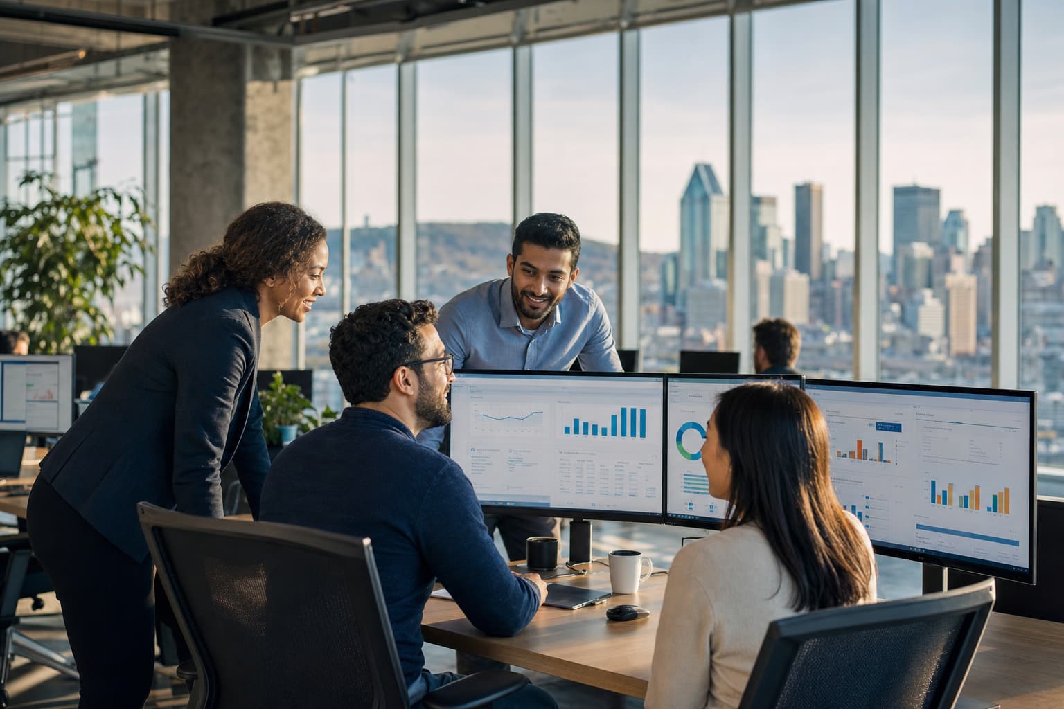 Software development team in a Montreal office reviewing R&D tax credit calculations on large monitors with a city skyline visible through windows