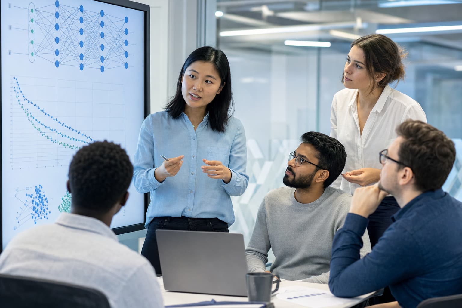 A team of data scientists and engineers collaborating around a monitor displaying neural network diagrams in a modern office setting