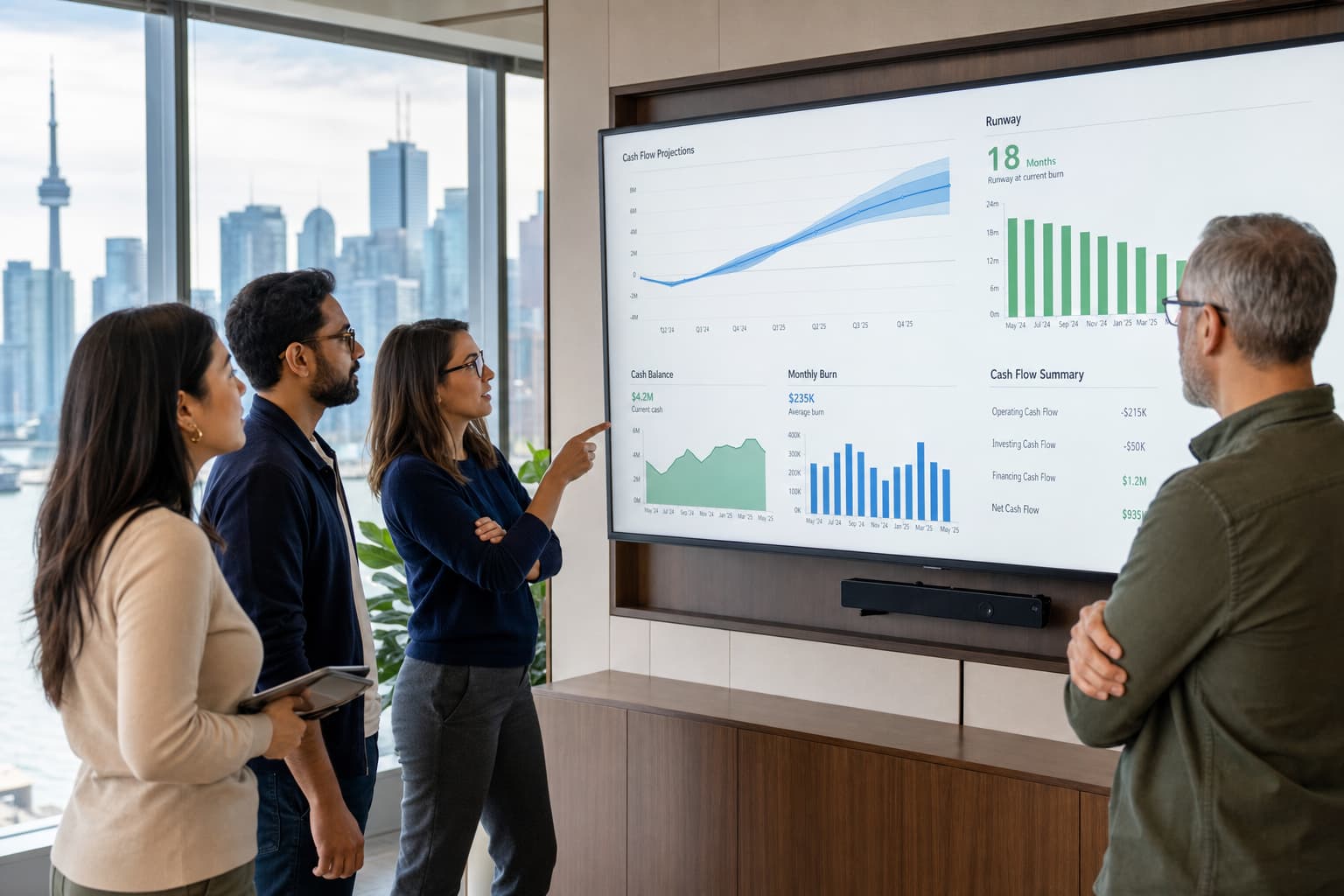 Startup team reviewing burn rate and runway metrics on a financial dashboard in a modern Canadian office