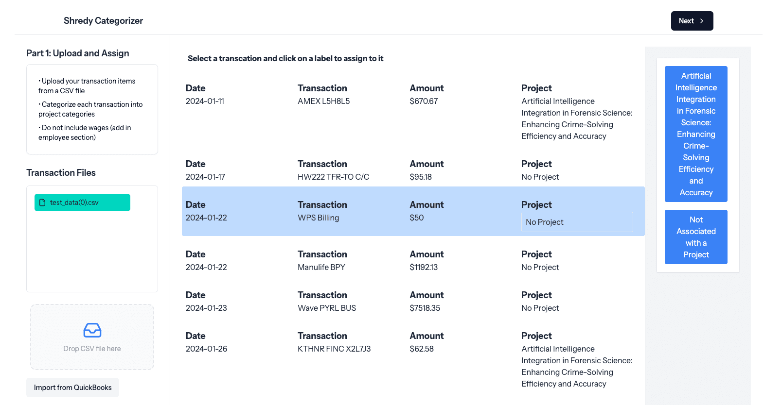 Expense categorization and project matching